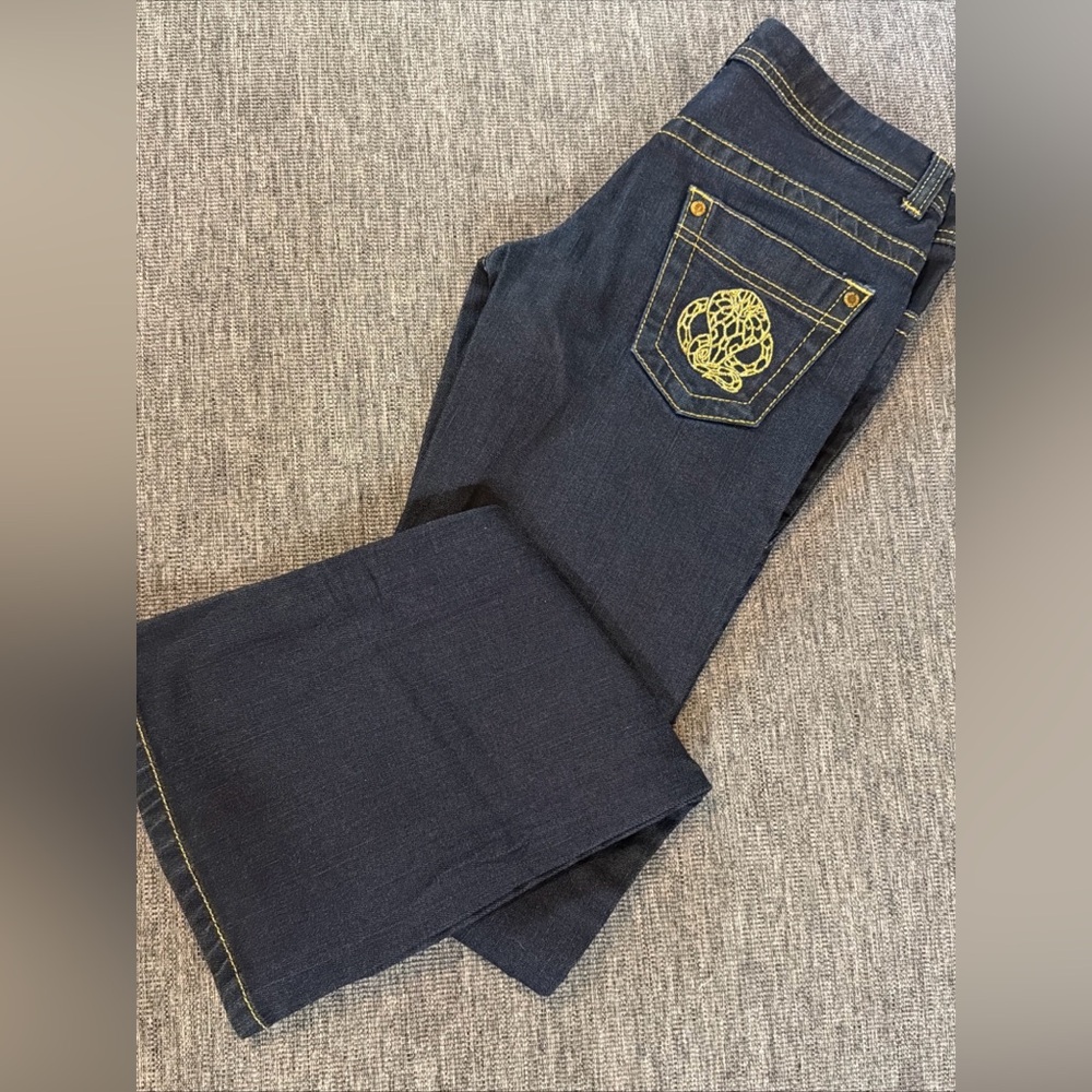 Women’s Roberto Cavalli X H&M Dark Wash Flare Jeans Gold Snake Embroidery Sz 6